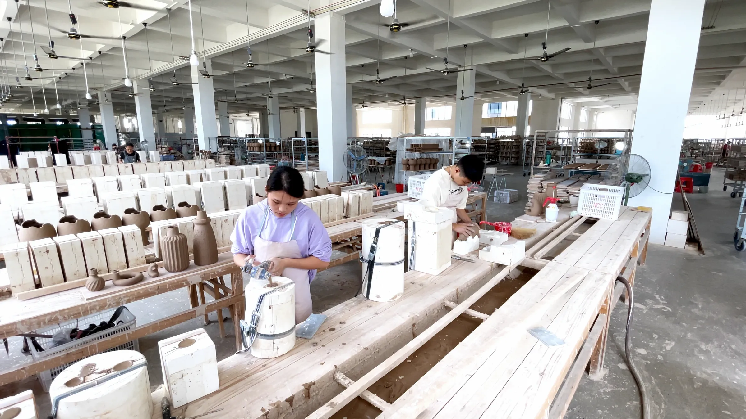 The casting hall with rows of plaster moulds