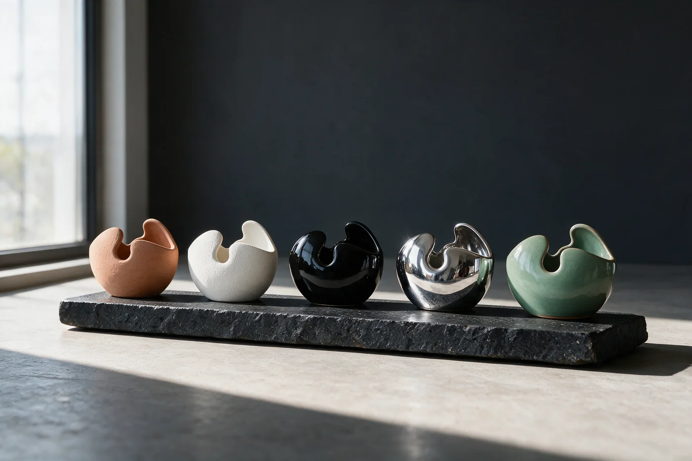 One egg vase in five finishes: bisque, matte white, gloss black, chrome, kiln green