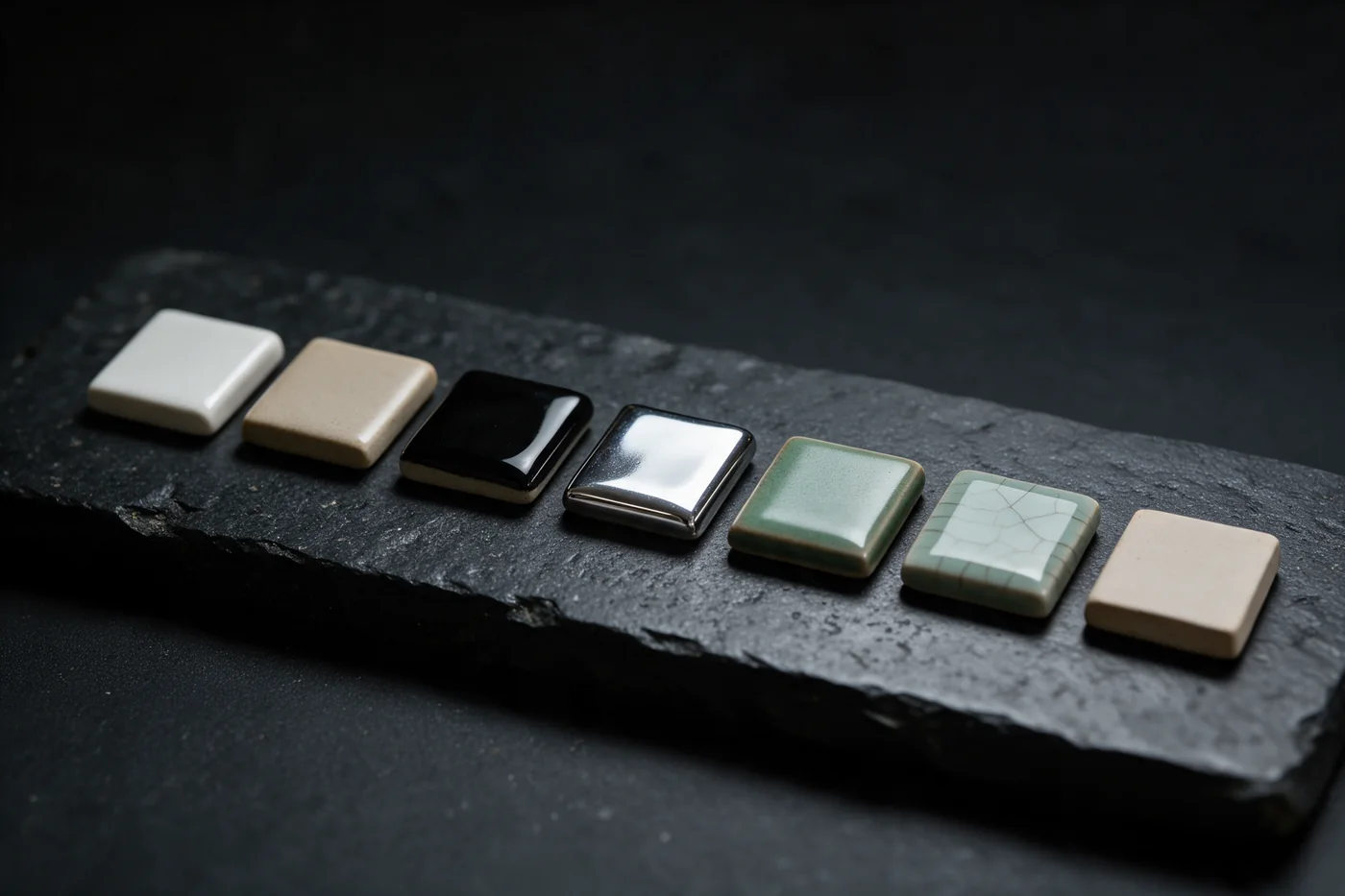 Seven glaze test tiles on basalt: matte white, sand, gloss black, chrome, kiln green, crackle celadon, bisque