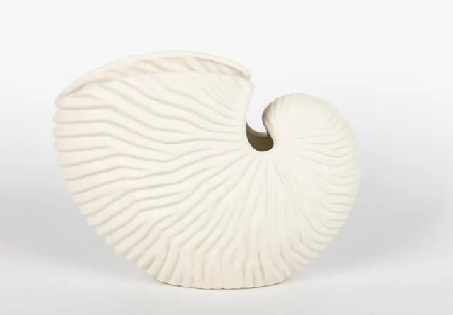 Unglazed bisque vase shaped like a ribbed nautilus shell